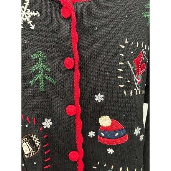 Vintage Basic Editions Holiday Sweater Black Red Trim Sz M Winter Design - Picture 4 of 8